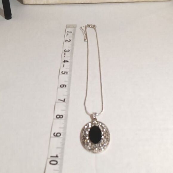 Silver Tone Necklace with Black Onyx Stone Medallion - Picture 6 of 7
